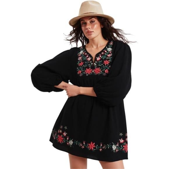 Kafeimali Women's Summer Mini Dress Bohemian Embroidery Tunic Shift Blouse - Picture 3 of 8